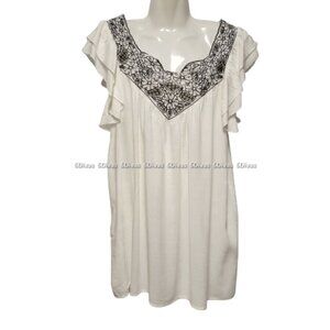 𝅺WHITE Cotton Short Sleeve Black Lace Blouse Various Sizes M L XL- NWT